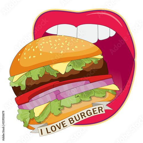 Woman open mouth eating burger ordered on the fast food menu. Hamburger with cutlet  tomatoes and onion. Logo icon vector illustration design.