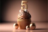 5th birthday cupcake with a candle and golden balloon. birthday cake. 3d. Generative AI
