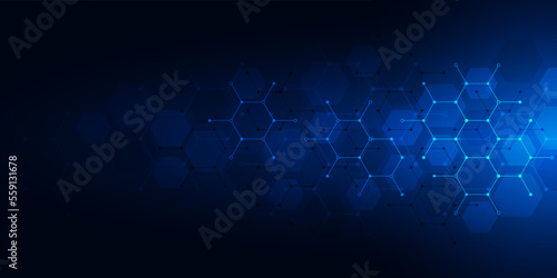 Genetic engineering and molecular structure, hexagon DNA network, science chemical and biotechnology concept, innovation technology, healthcare, and medicine design. Vector illustration