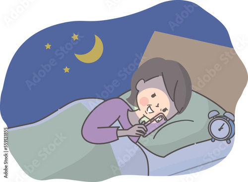 夜ベッドの中でスマホを見る中年女性のイラスト