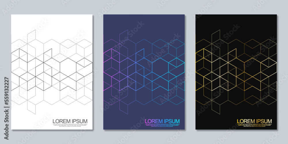 Abstract geometric covers and brochures with isometric vector blocks, and polygon shape patterns Abstract geometric covers and brochures with isometric vector blocks, and polygon shape patterns