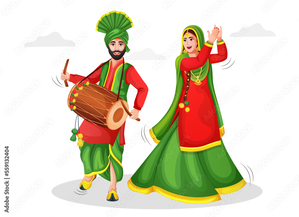 Happy Lohri festival of Punjab India celebration concept background. vector illustration of a couple playing Lohri dance. Illustrations of excited happy people celebrating the Lohri. Punjabi couple.