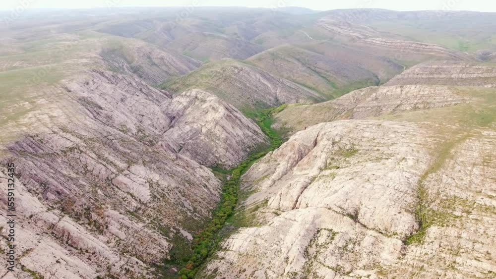 The drone is flying over a dry gorge in a mountainous area in Central Asia.Smooth rocks in spring with green vegetation. The drone is flying over a dry gorge in a mountainous area in Central Asia.Smooth rocks in spring with green vegetation.