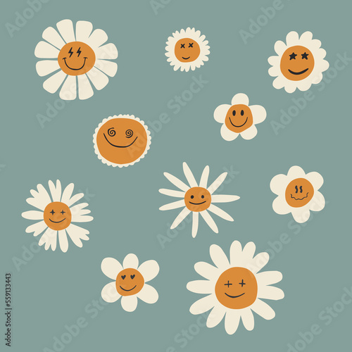 White chamomile flowers with smiling faces. Kind flowers isolated on blue background. Different faces and emotions. Vector illustration