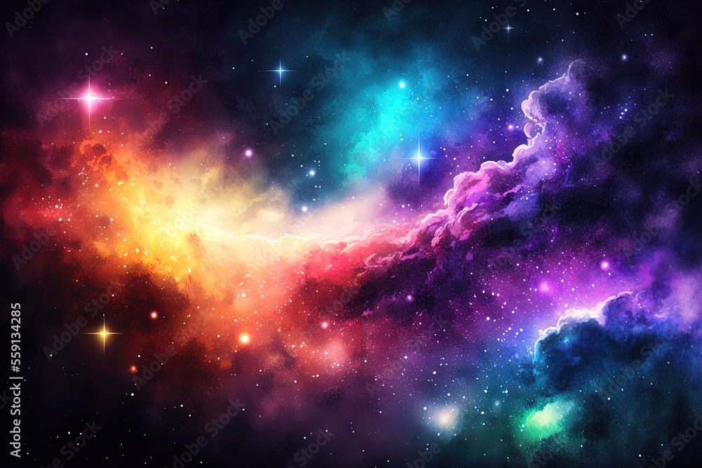 Nebula and bright stars are shown on a vivid space watercolor background. Generative AI