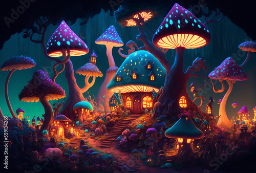 Magic of Fairy Houses Fantastic Forest, Glowing Mushrooms,mythical, imaginary, enchanting, magical, dreamscape, wonderland, narnia, fairy tale, mythical creatures, mythical beings, mythical world,