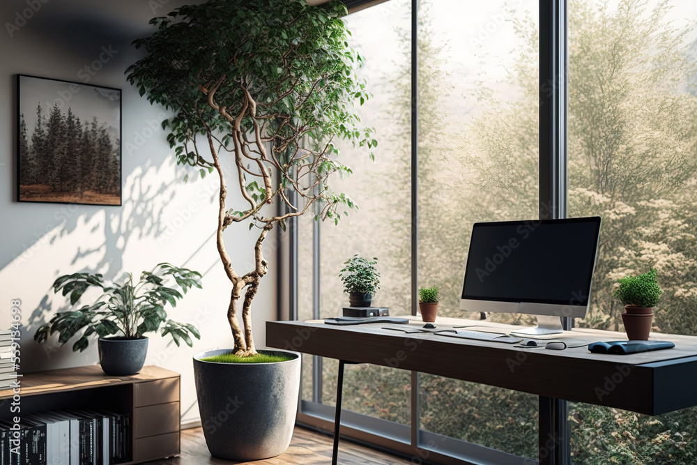 A gorgeous, spacious living room decor with plants and large windows  providing an outdoor view is the setting for this zen home office with PC.  Generative AI ilustración de Stock | Adobe