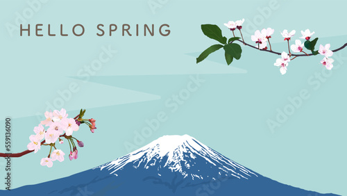 桜と富士山の春の背景バナーテンプレート、霞、空