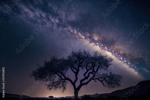 long exposure shot with grain of a tree silhouette and the milky way. Generative AI