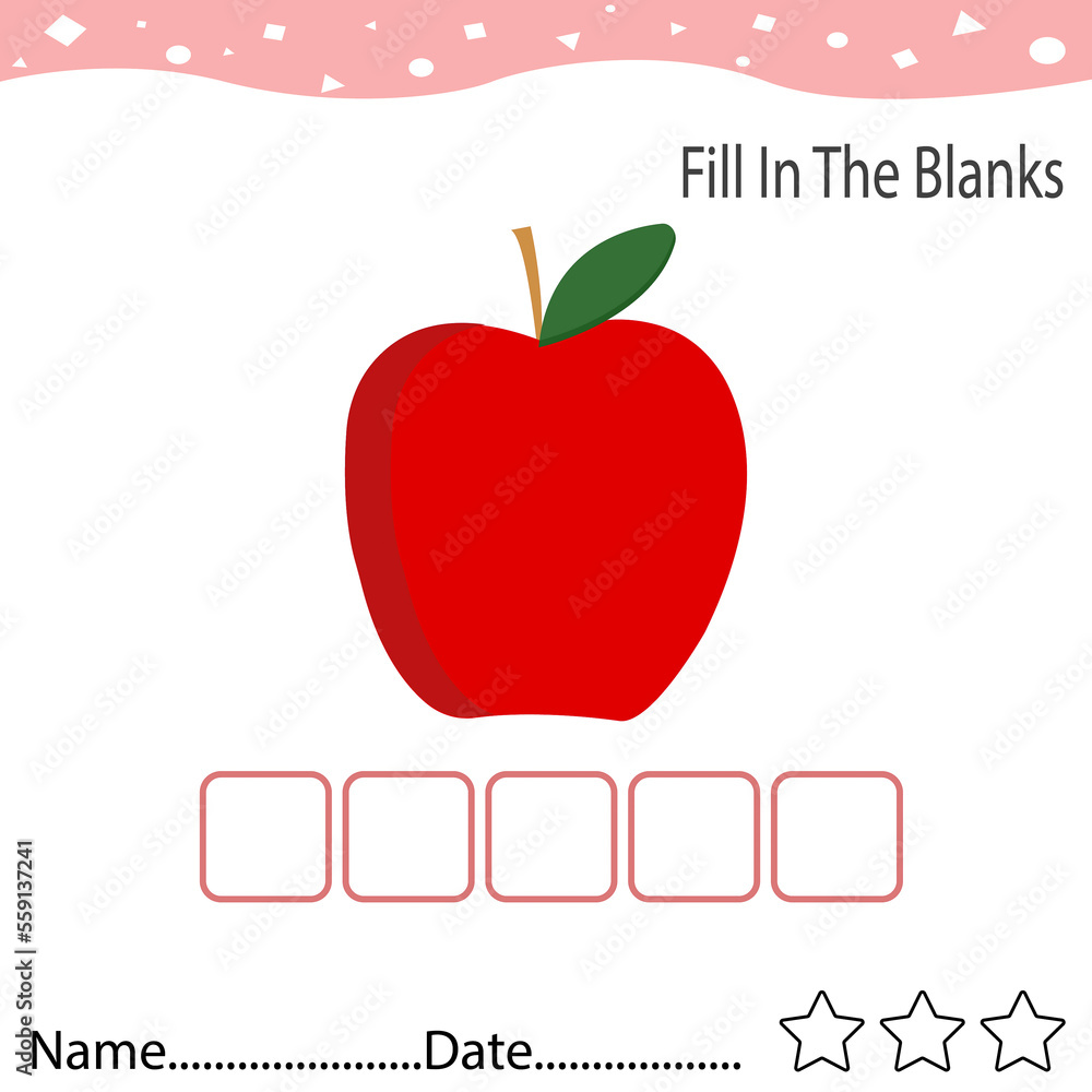Fill in the blank,Apple Fruit Word, Concept of food and fruit education.