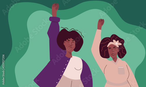 Black African women, African American women raise their fist up, demonstrating the existence of rights and opportunities, expressing the fight against discrimination and social injustice