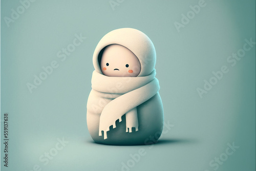 Cute sad snowman character wrapped in a scarf, 3D