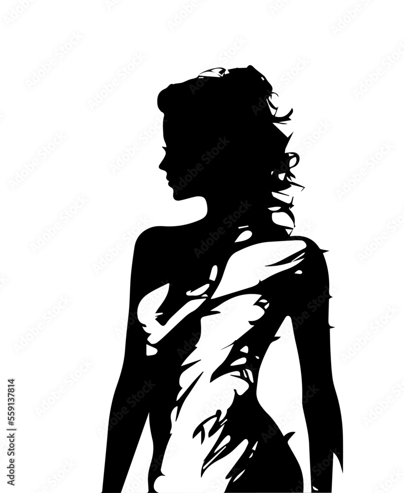 Black silhouette of a girl with white highlights on the body. Vector illustration