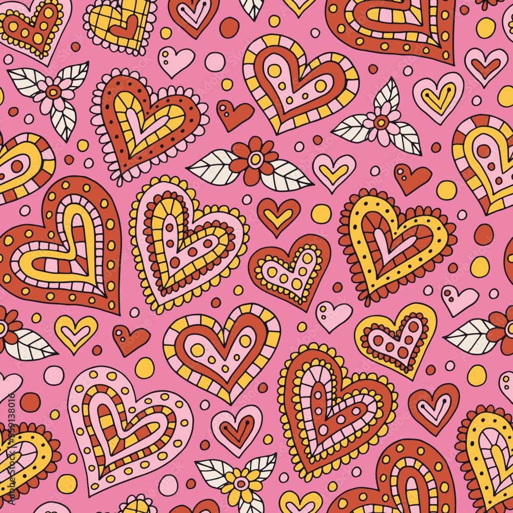 Naklejka premium Hearts decorated with flowers seamless vector pattern