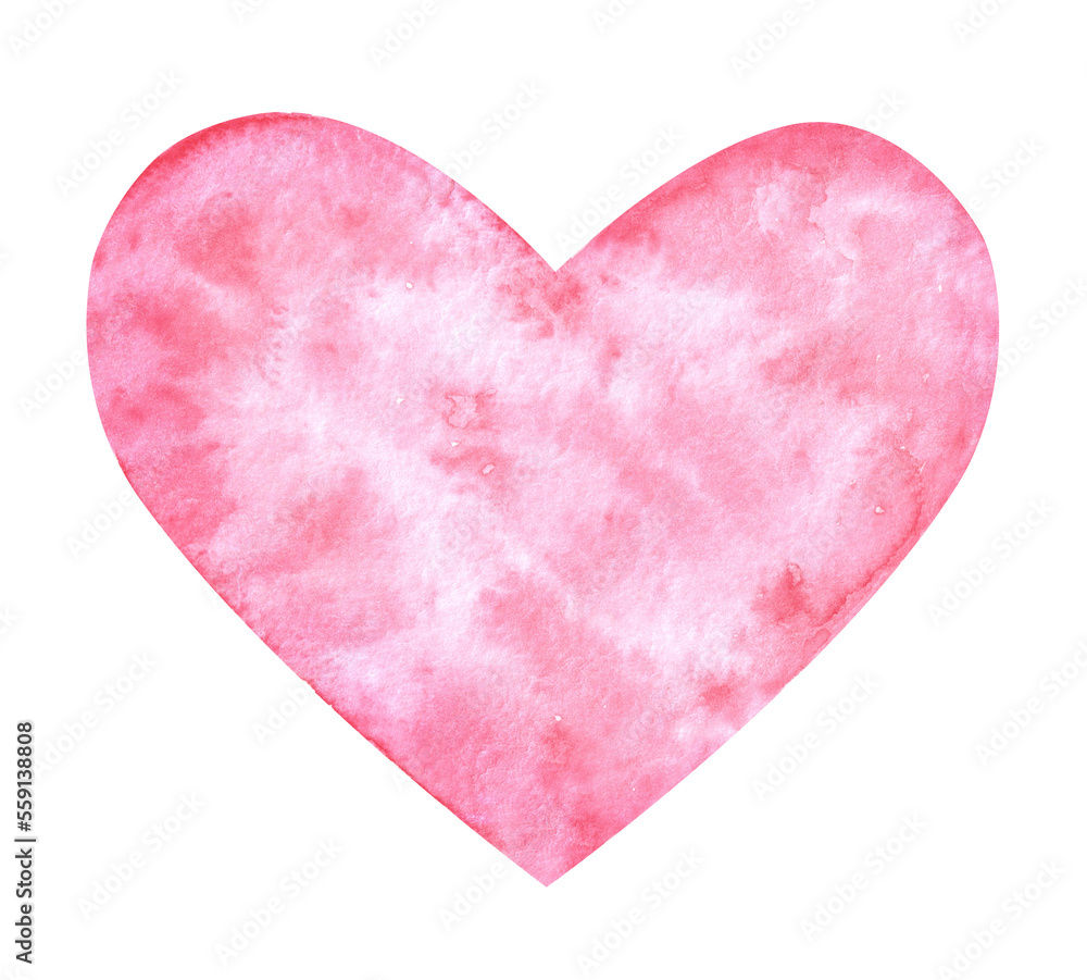 Hand drawn watercolor pink colored heart with dots and spots. Heart shaped aquarelle design element for Valentine's Day cards, invitations. Isolated on white.