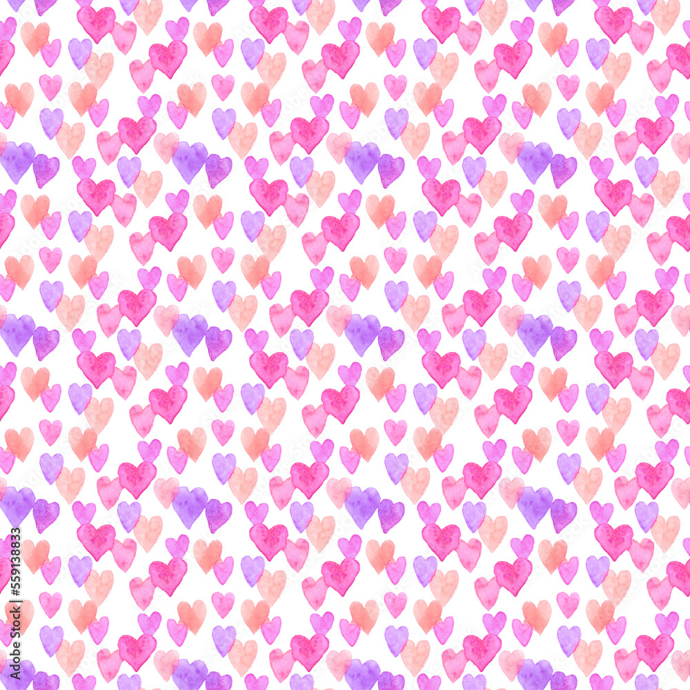 Hand painted watercolor seamless pattern with random little purple pink violet hearts on white background.Web design element and printing greeting cards, wrapping paper and textile