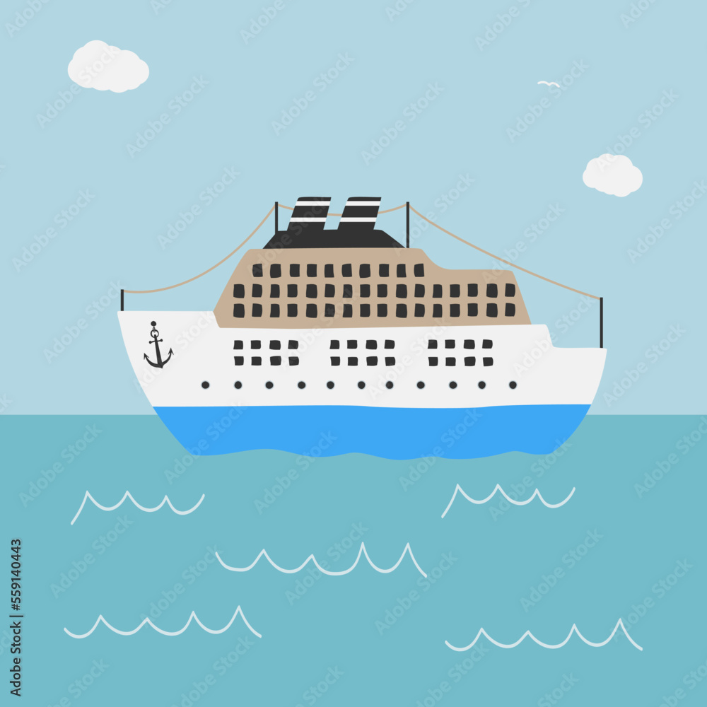 scandinavian style illustration of cruise ship on blue sea, scandi vector drawing for children