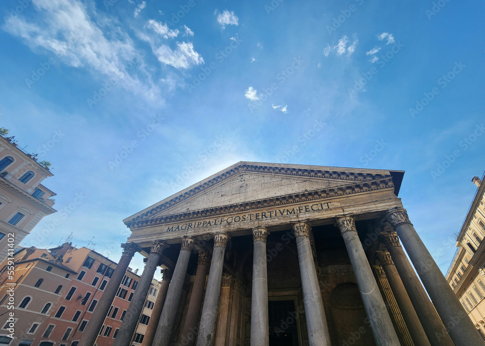 Pantheon in Rome in low angle with blue sky