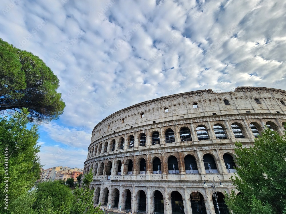 Coloseum with few trees on the side in cloudy weather landscape