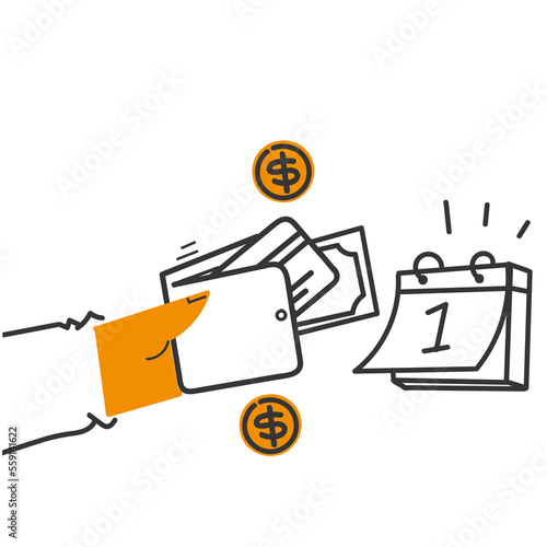 hand drawn doodle Calendar with Wallet and coin symbol for payment plant illustration