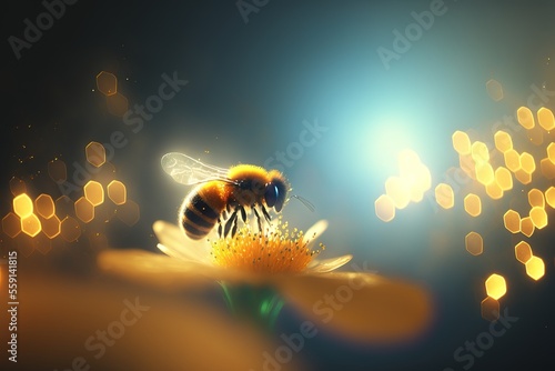 close up shot of bee on a flower. Glowing flower. Generative AI