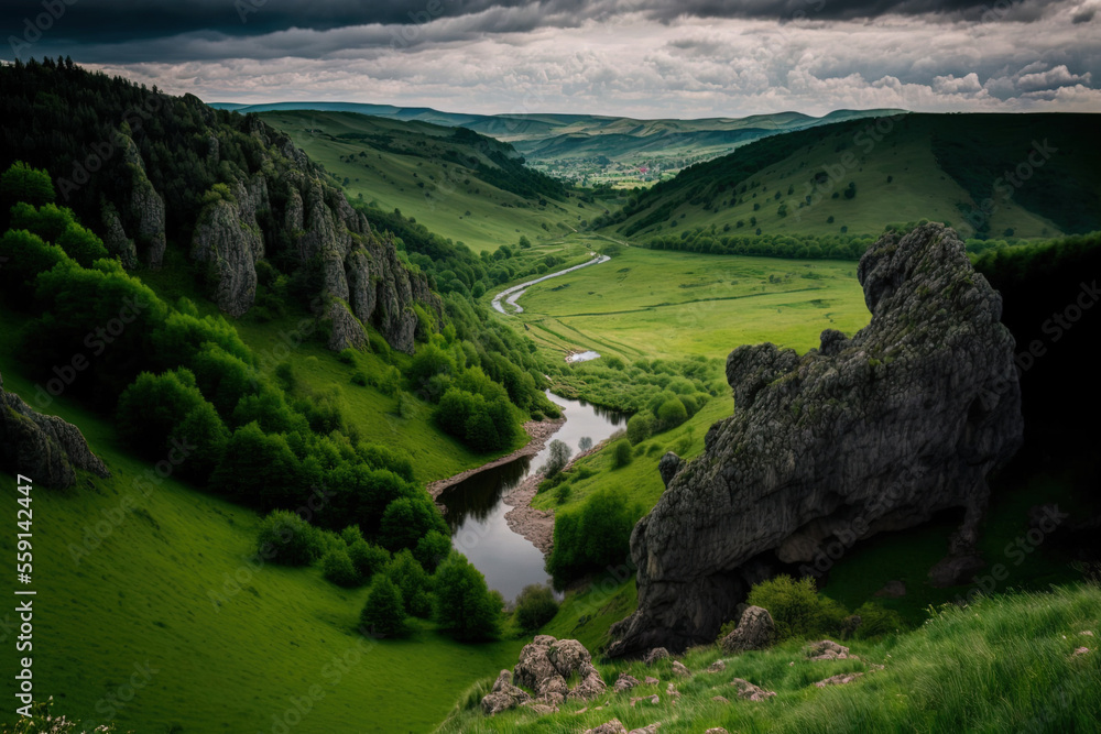 Moldovan hills' gorge with floating river, overcast sky, and meadows in the distance. Generative AI