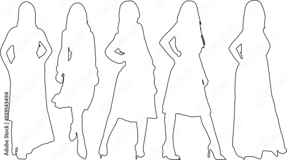 Set of women standing and wearing dress, in various poses, cartoon character, people, business, group, vector silhouette, flat design icon, different colors, isolated on white background Set of women standing and wearing dress, in various poses, cartoon character, people, business, group, vector silhouette, flat design icon, different colors, isolated on white background