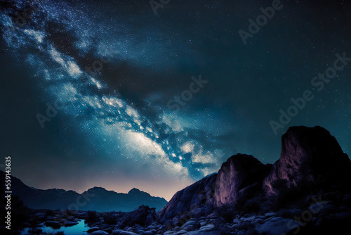 Starry sky at night and a brilliant natural backdrop just before dawn. Generative AI