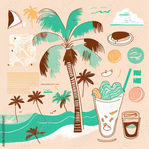 Holidays theme with pastel tones. Lifestyle Illustration with refreshing drink  ocean and palm generated by AI 