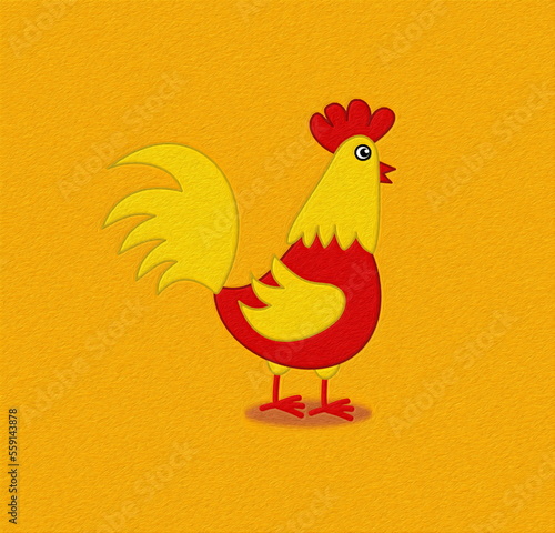 Cute red and yellow hen in profile on yellow background - illustration