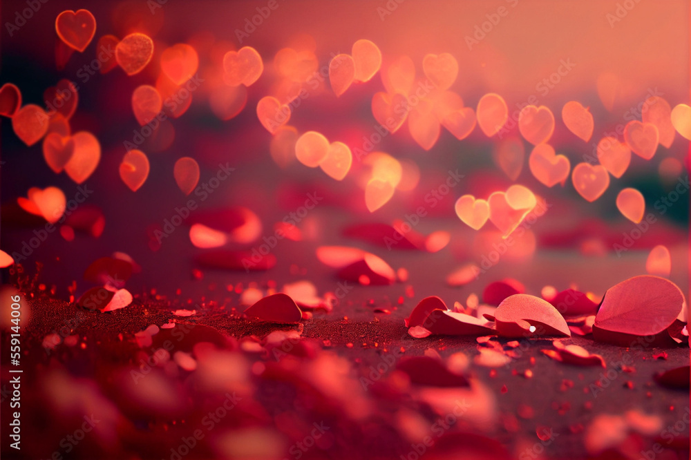 Romantic Valentine's Day abstract background with bokeh-style lights and fresh red rose petals on the magenta pantone floor, generative ai