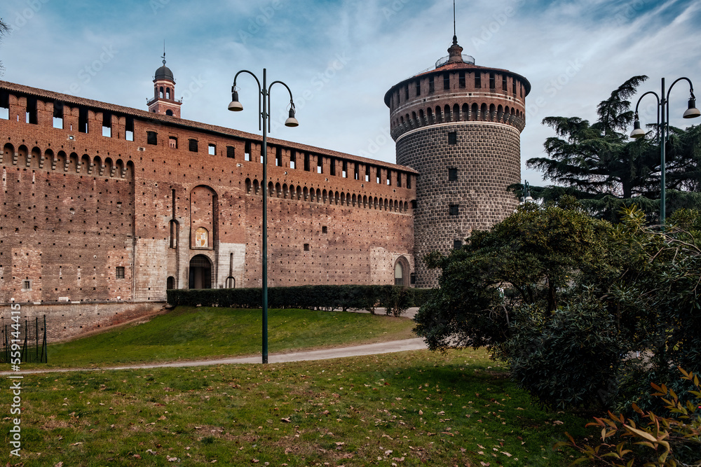 View of the Sforzesco castle in Milan city