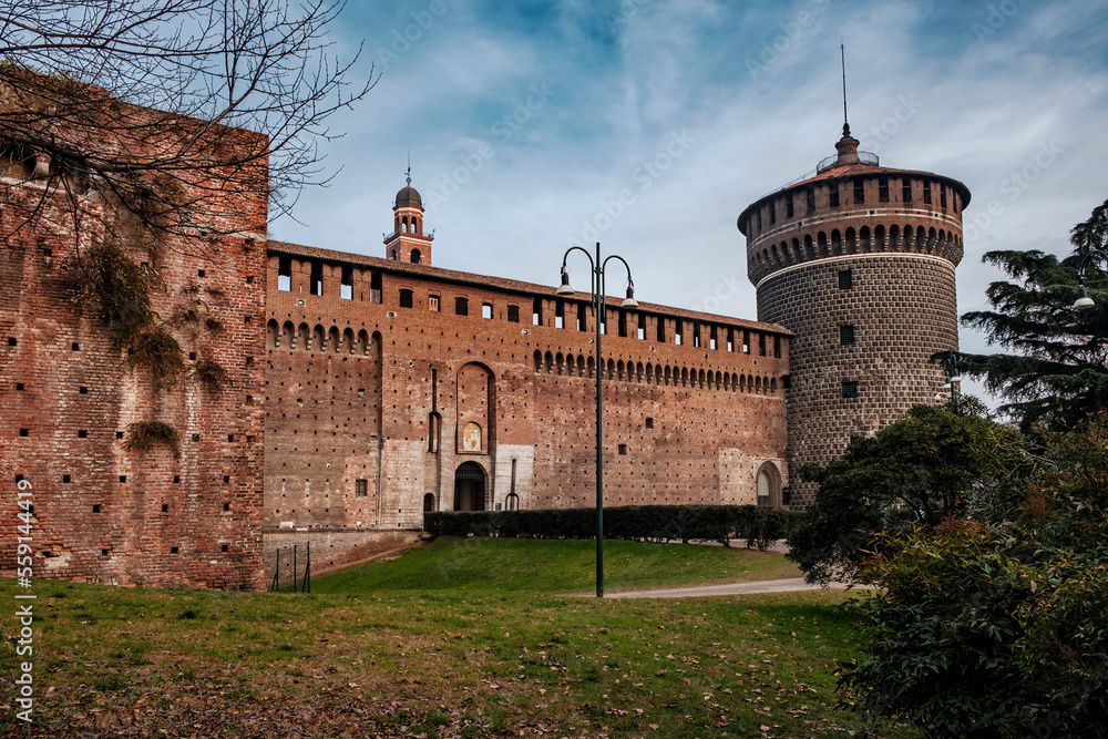 View of the Sforzesco castle in Milan city