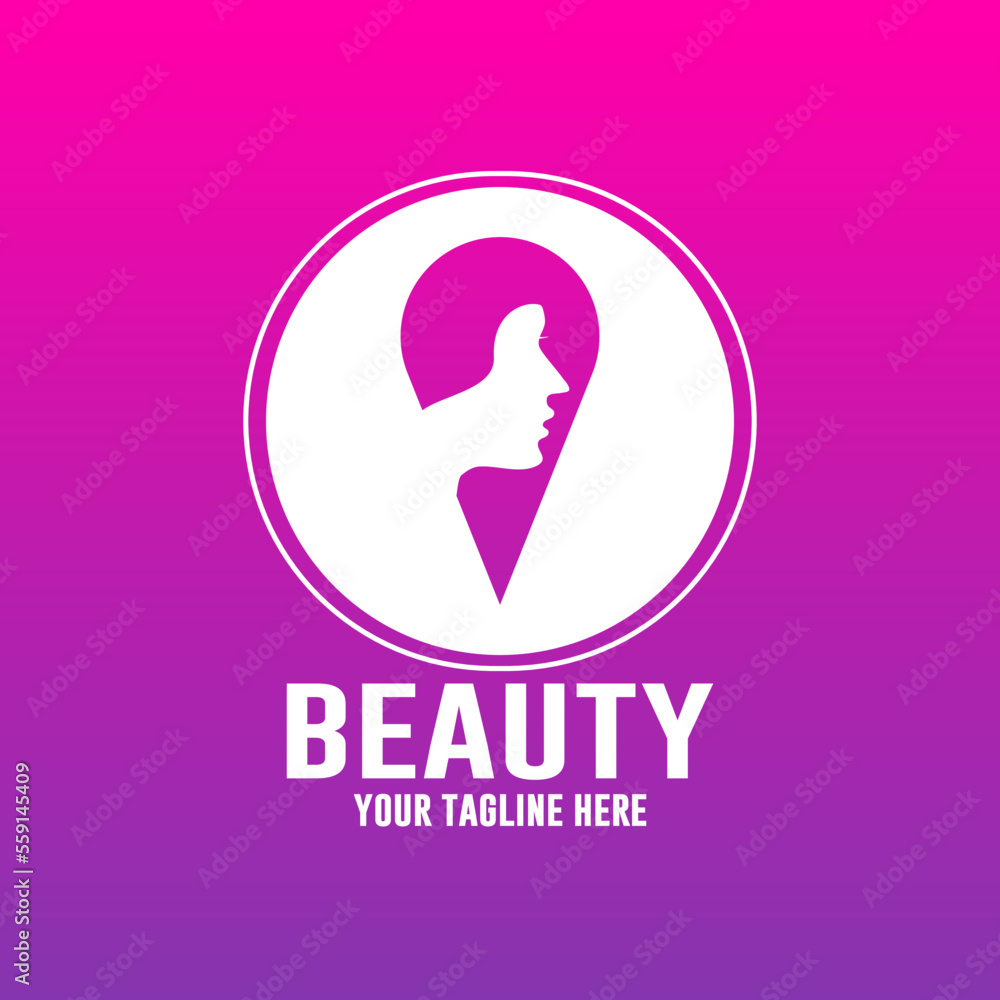 Beautiful woman fashion logo. Template vector linear style on purple and pink gradient background Beautiful woman fashion logo. Template vector linear style on purple and pink gradient background