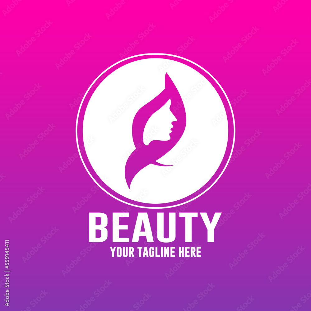 Beautiful woman fashion logo. Template vector linear style on purple and pink gradient background Beautiful woman fashion logo. Template vector linear style on purple and pink gradient background