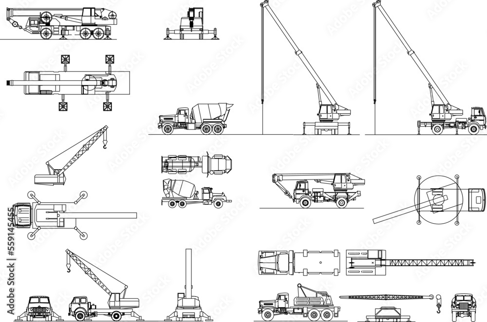set of sketches of vector illustrations of heavy equipment cars for the multi-storey building construction industry