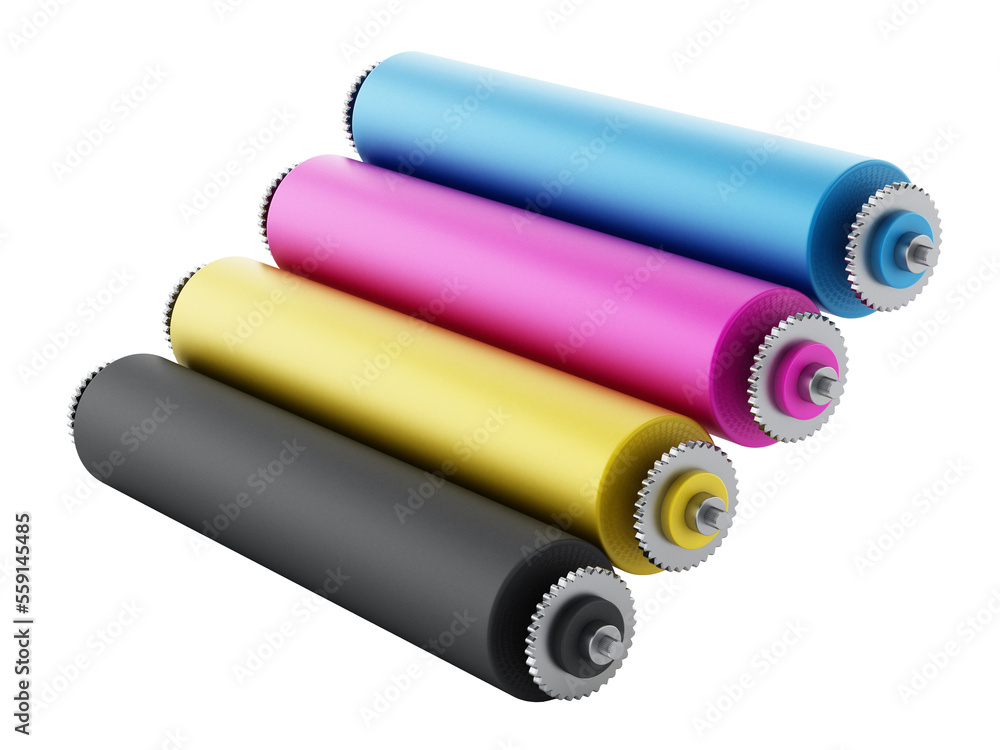CMYK Printing press with test print on transparent background. CMYK Printing press with test print on transparent background.