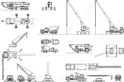 set of sketches of vector illustrations of heavy equipment cars for the multi-storey building construction industry