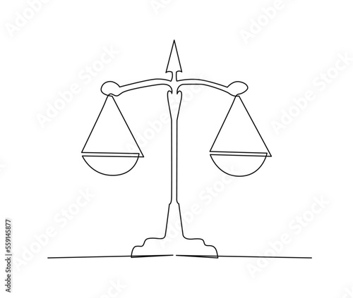 Continuous one line drawing of scales. scales of justice line art vector illustration.