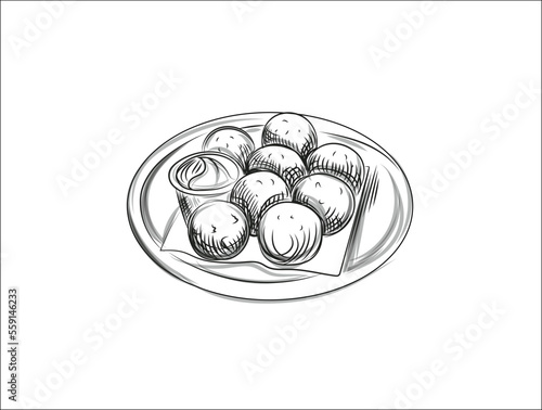 Hand-drawn sketch of Dutch Bitterballen meat patties.