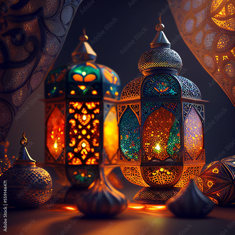 Ramadan lamps background with mosaic pattern and lights