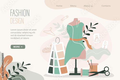 Fashion design, landing page template. Dressmaking, sewing workshop or courses, tailoring concept. Needlework, equipment for sewing. Mannequin, threads, scissors and color palette.