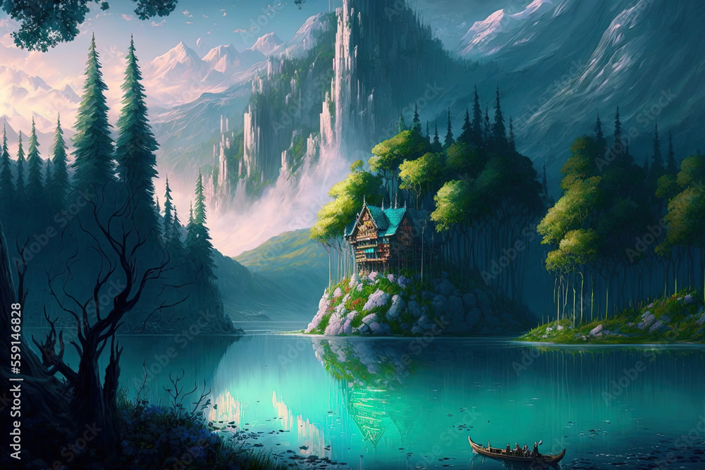 Stunning Lake Water and Morning Mountain Forest. Background fantasy Conceptual Artistic Background of video games. Online Painting CG artwork landscape artwork Important Book. Generative AI