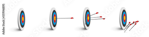 3d archery target with arrows set, isometric view vector illustration. Realistic isolated dartboard collection with arrows in bullseye center, archers darts hit or miss circle boards