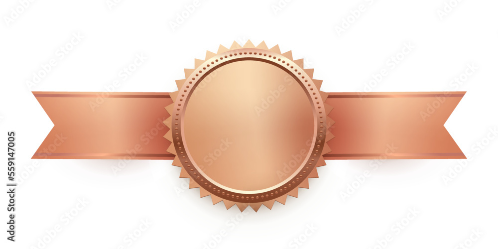 3d bronze medal on ribbon, seal trophy vector illustration. Realistic isolated brown circle medallion with frame for official winner, honor prize badge for best quality and victory of champion 3d bronze medal on ribbon, seal trophy vector illustration. Realistic isolated brown circle medallion with frame for official winner, honor prize badge for best quality and victory of champion