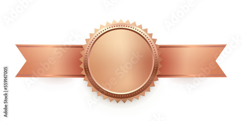 3d bronze medal on ribbon, seal trophy vector illustration. Realistic isolated brown circle medallion with frame for official winner, honor prize badge for best quality and victory of champion