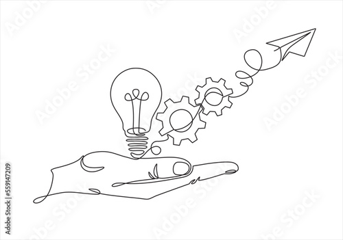Continuous line drawing of hand launches into the sky  paper airplane. Vector business icon message illustration with lamp bulb, gears and launches into the sky  paper airplane