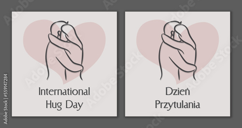 International hugging day. Hug day. Hugging couple outline. Polish and english.