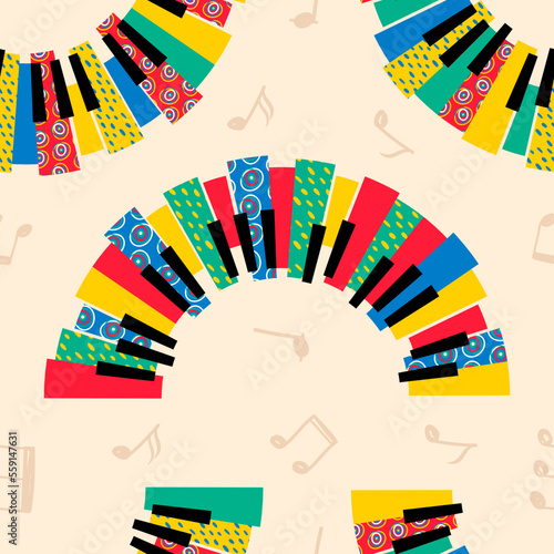 Pop art piano music pattern. Spring or summer jazz festival. Geometric motif. Cool endless pianoforte key texture. Colorful semicircles. Musical notes. Vector seamless current background