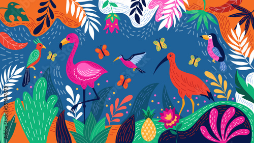 Brazil tropic background  bird pattern. Flamingo and hummingbird  travel carnival  funny nature art  Rio banner. Hand drawn leaves and flowers. Cartoon illustration. Vector abstract tidy poster